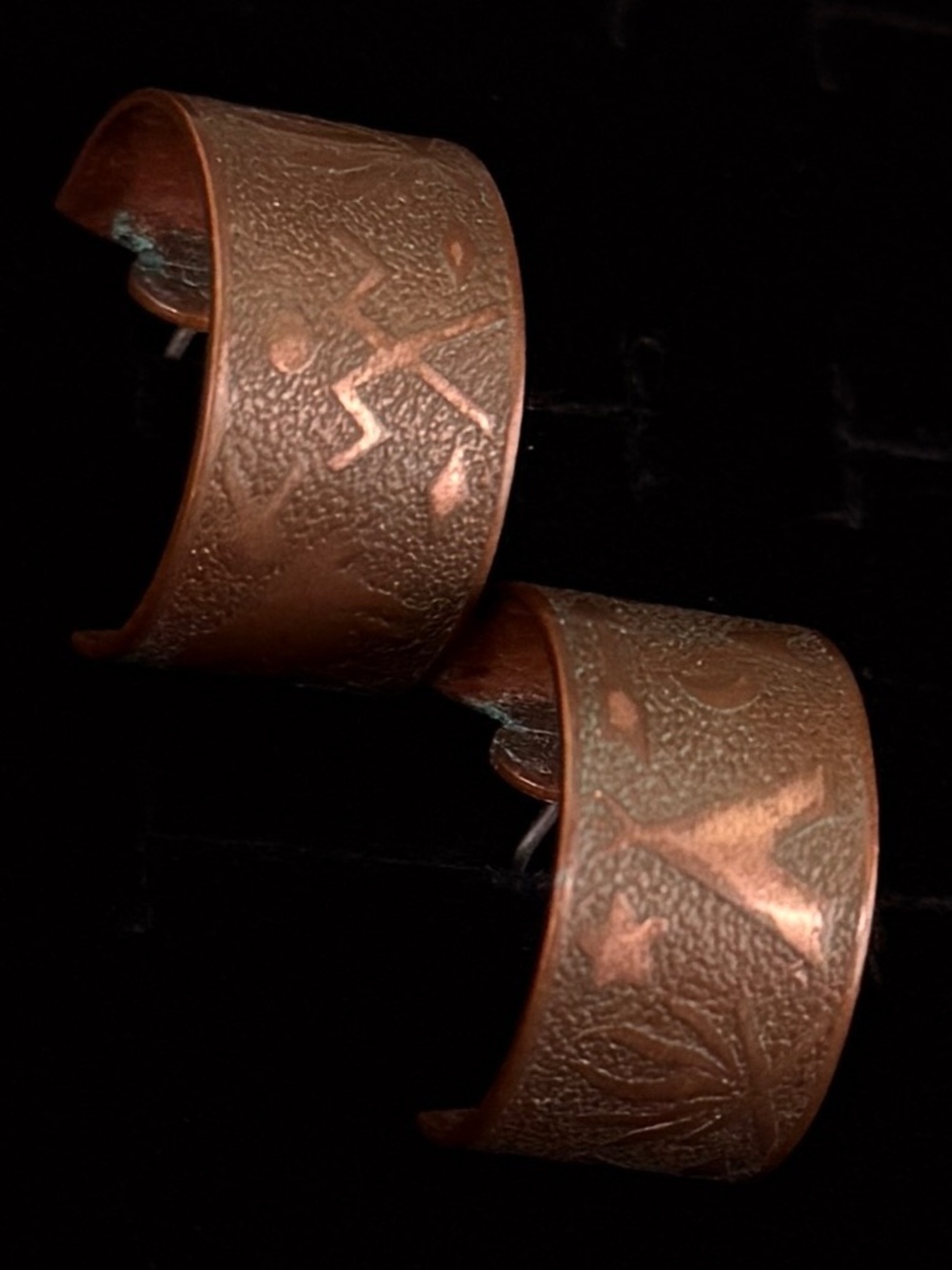 Vintage copper, wideband etched pierced earrings